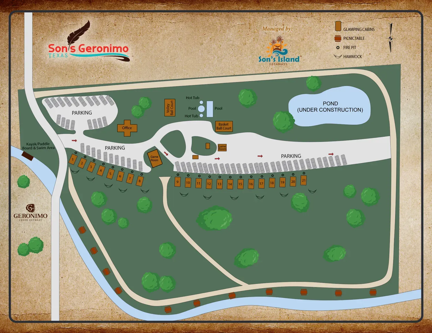 Son's Geronimo Cabin Rentals Property Map showing all 21 cabins, pools, game room, and creek access